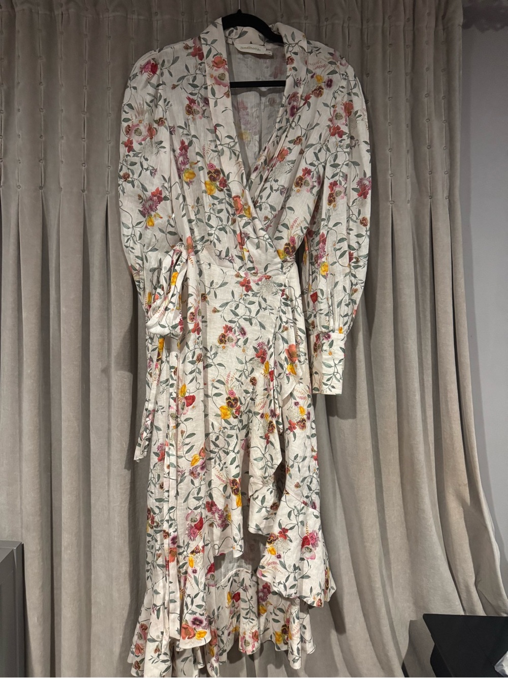 Zimmermann Cream Floral High-Low Midi Dress with Belt